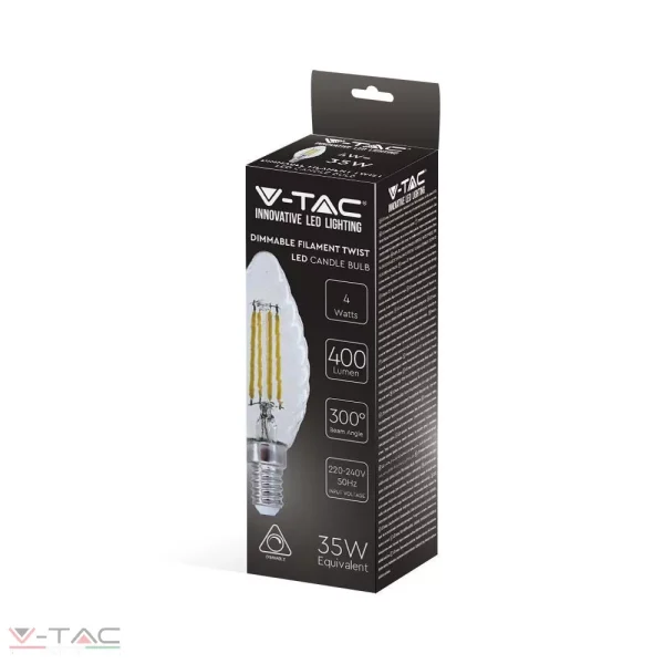 Dimmelhető 4W Retro LED izzó Filament E14, csavart gyertya 3000K - 214367