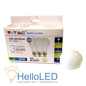 LED izzó - 9W E27 A60 Thermoplastic - 6400K 3db/doboz - 7242
