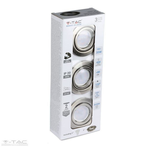 5w spotlámpa GU10 nikkel kerettel és foglalattal 6400K (3db/csomag) - 8886