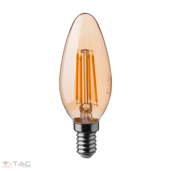 HelloLED V-Tac 4W Retro LED izzó E14 Filament gyertya szabadalmi borostyán burkolat 2200K - 217113