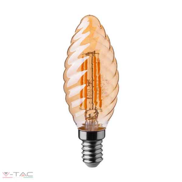 HelloLED V-Tac 4W Retro LED izzó E14 Filament csavart gyertya szabadalmi borostyán burkolat 2200K - 217115