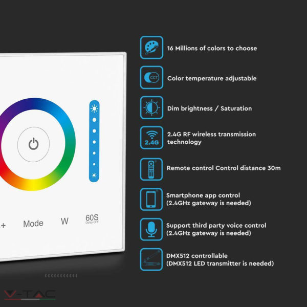 HelloLED V-Tac Süllyeszthető fali vezérlő 3 in 1 (RGB, RGBW, RGB+CCT) 10A - 2915