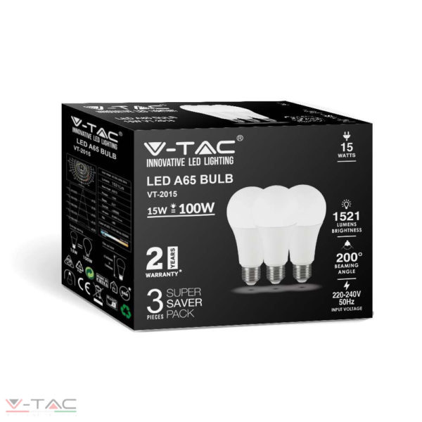 HelloLED V-TAc 15W LED izzó E27 A65 3db/csomag 1521lumen