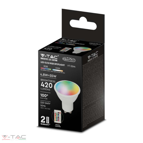 HelloLED V-Tac 4,8W Wifis LED spotlámpa GU10 opál 100° RGB + CCT - 2930